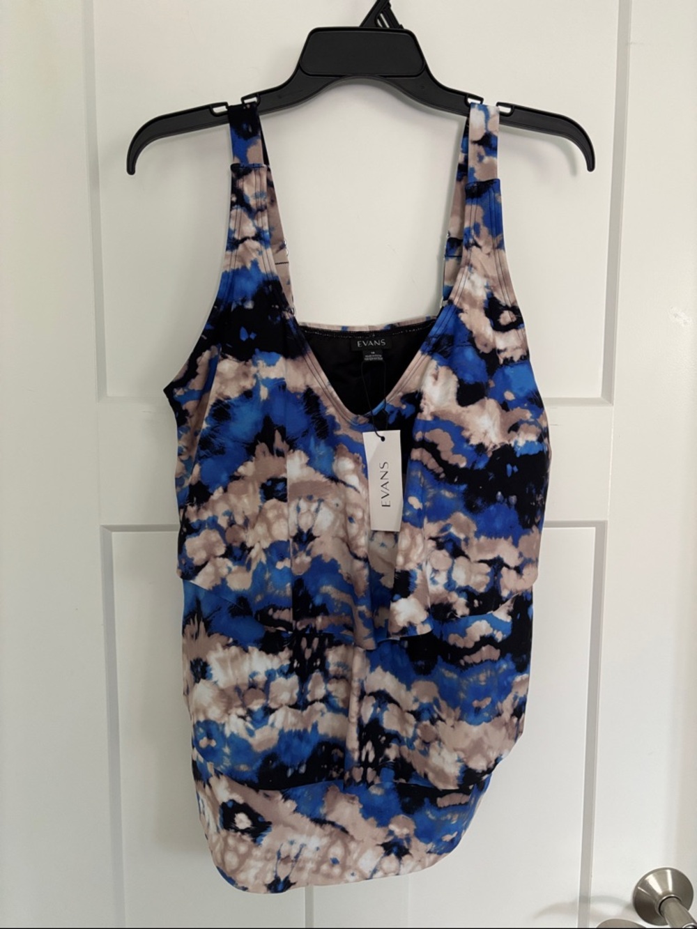 Swim Tankini Top only Blue Black & Tan Tie-Dye V-Neck NWT